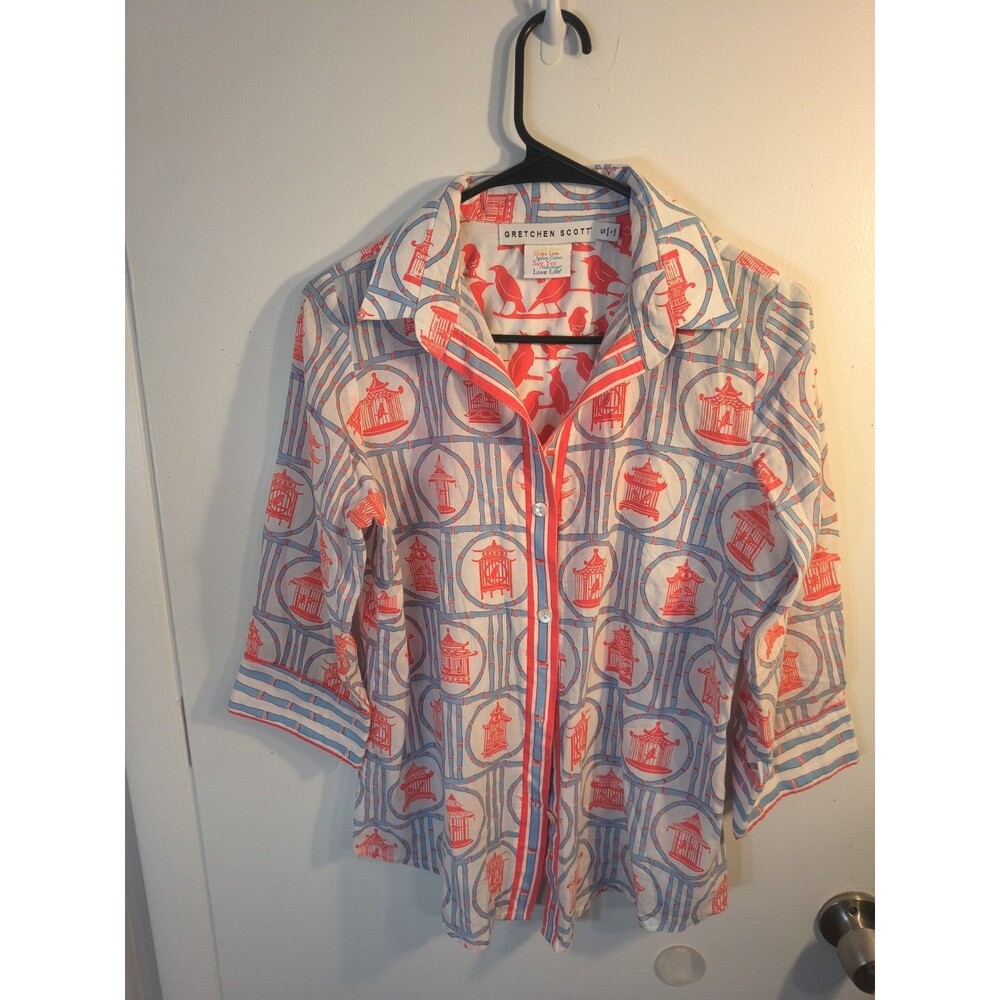 Gretchen Scott Shirt Womens Small S Blue Red Pagoda Bird Cotton Button Up Blouse